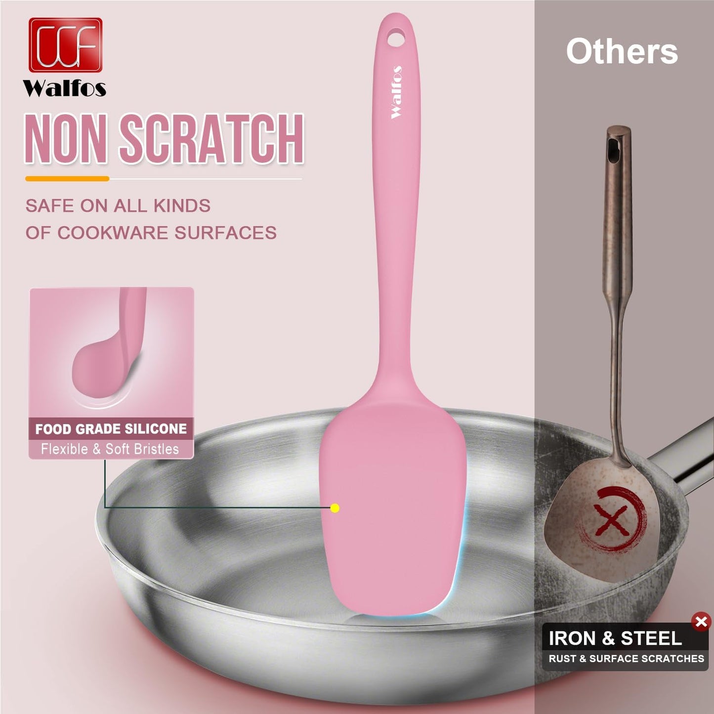 Walfos Silicone Spatula Set - High Heat Resistant Kitchen Scrapers (600°F) | BPA Free & Dishwasher Safe - Pink