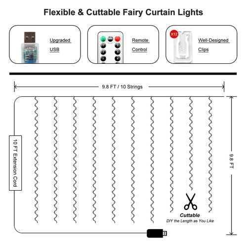 HOLITS 300 LED Fairy Curtain Lights, 9.8 x 9.8FT Warm White USB Plug in 8 Modes Hanging Lights with Remote for Christmas, Bedroom, Indoor, Outdoor, Weddings, Party (Warm White)
