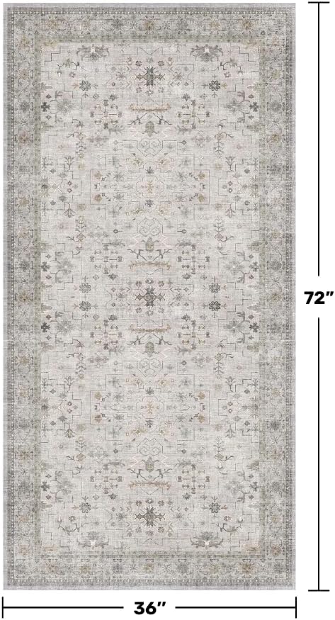 Regine Switzerland Large Boho Bathroom Rug - Washable Low Pile Floral Design in Light Grey, 3x6 ft