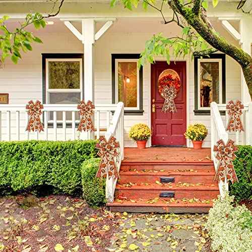 Large Fall Pumpkin Wreath Bows for Front Door, Thanksgiving Natural Burlap Orange Buffalo Plaid Autumn Pumpkin Leaves Tree Topper Bows for Wreath Fall Thanksgiving Day Decorations