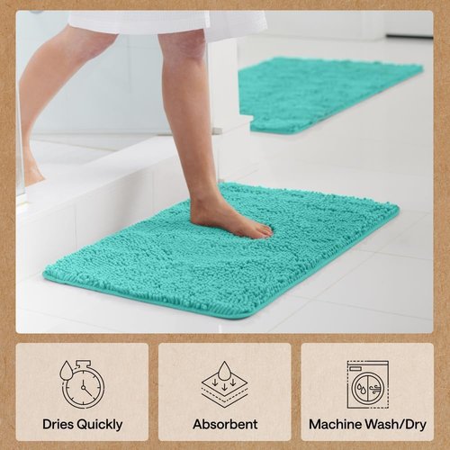 GORILLA GRIP Bath Rug Mat - Thick Soft Absorbent Chenille | Quick Dry Microfiber, 24x17, Turquoise