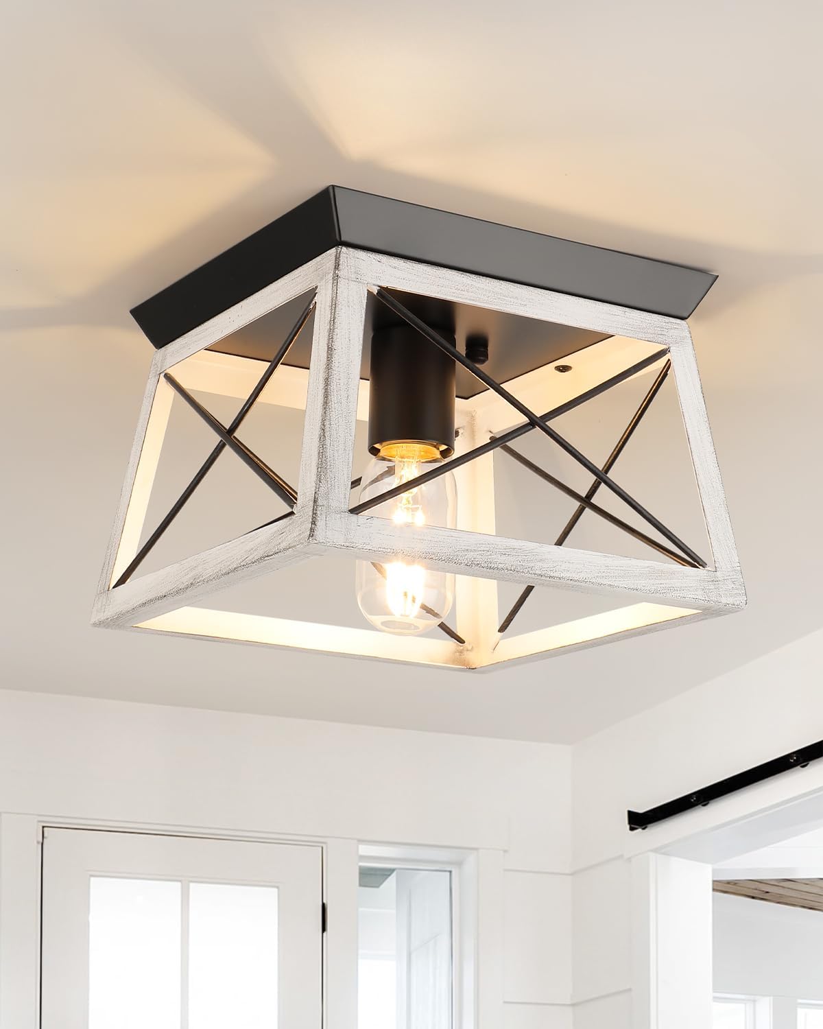 Farmhouse Flush Mount Ceiling Light Oak White Ceiling Light Fixtures 2-Light Industrial Vintage Metal-Framed Ceiling Lighting for Hallway Foyer Kitchen Dining Room Bedroom Living Room Laundry