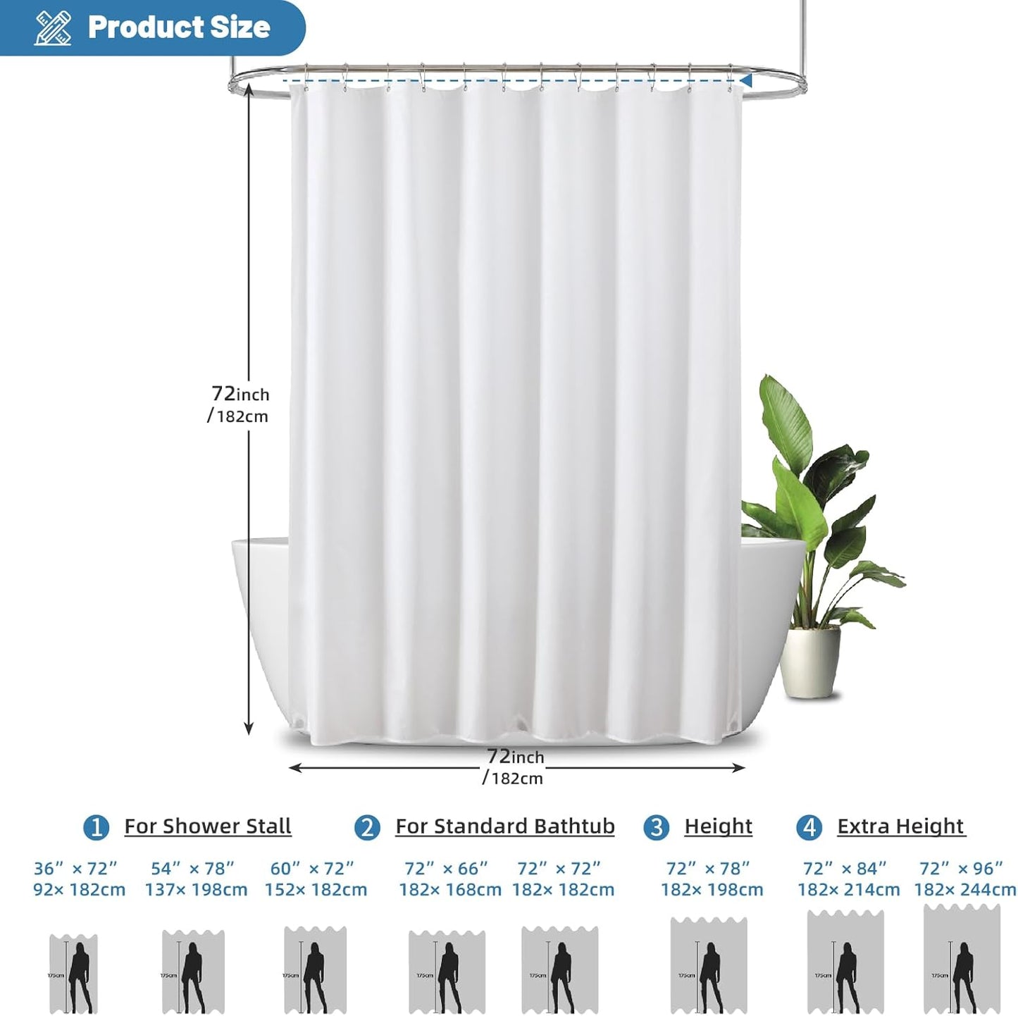 Regine Switzerland Water-Repellent Shower Curtain Liner - Hotel Quality, Machine Washable, 72x72in White