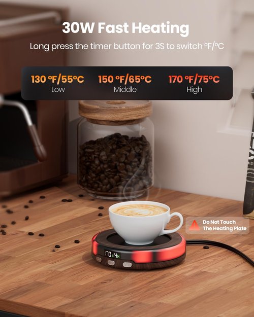 Gaiatop Coffee Mug Warmer for Desk, 3 Temp Settings, 2-9Hrs Timer, 3 Colorful Romantic Atmosphere Light Modes, Stocking Stuffers, Beverage Heating Plate with Digital Display for Candle Tea Milk Wood
