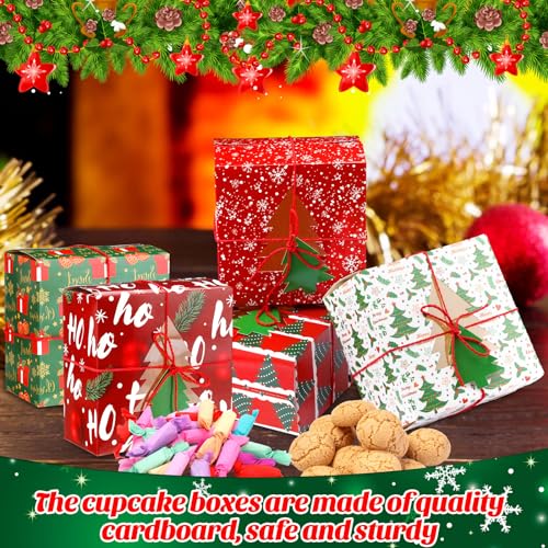 Blulu 48 Pack Christmas Bakery Boxes with PVC Window, Tree Tags & Rope - 5x5x3 Inch