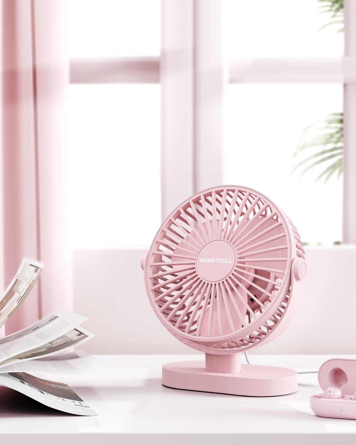 SWEETFULL Desk Fan USB Small Fan, 3 Speeds Portable Fan, 360° Rotate Personal Desktop Table Fan, Mini Fan Quiet Operation, for Home Office Car Outdoor Travel (Pink)