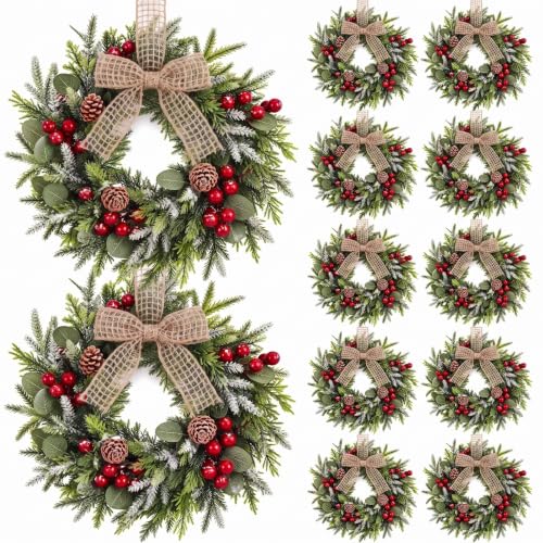 Dingion 12 Pcs Mini Christmas Wreaths for Cabinets with Pine Cones & Bows – 9 inch