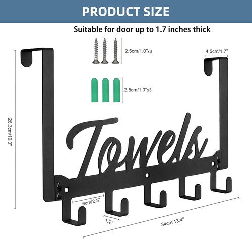 Azmoncy Over The Door Hooks - Heavy Duty Towel Rack with 5 Coat Hooks | Black for Bathroom & Kitchen