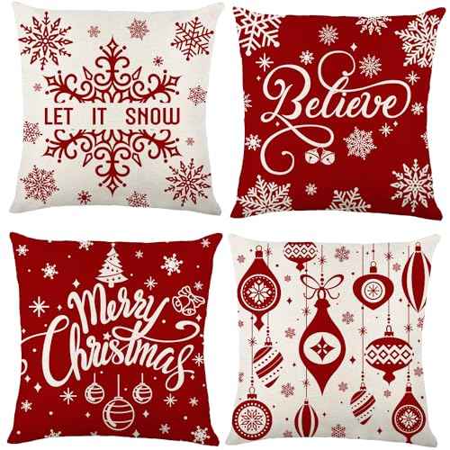 YUJUN 4 Pack Christmas Pillow Covers Decoration,18x18in Buffalo Plaid Farmhouse Red Christmas Winter Throw Pillows Cushion Case Couch Decor for Christmas Home Outdoor Decorations