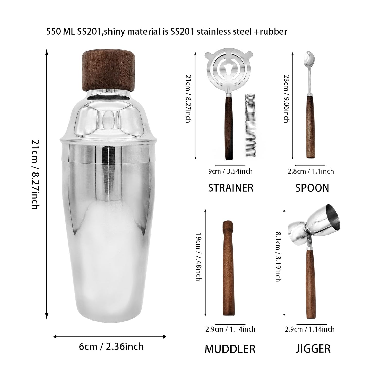 WELESHEI 6 PCS Bar Tool Set Stainless Steel Cocktail Shaker Kit With Muddler, Double Jigger, Mixing Spoon, Strainer & Matte Round Stand Bartender Essentials Barware For Home Bar Party & Celebration