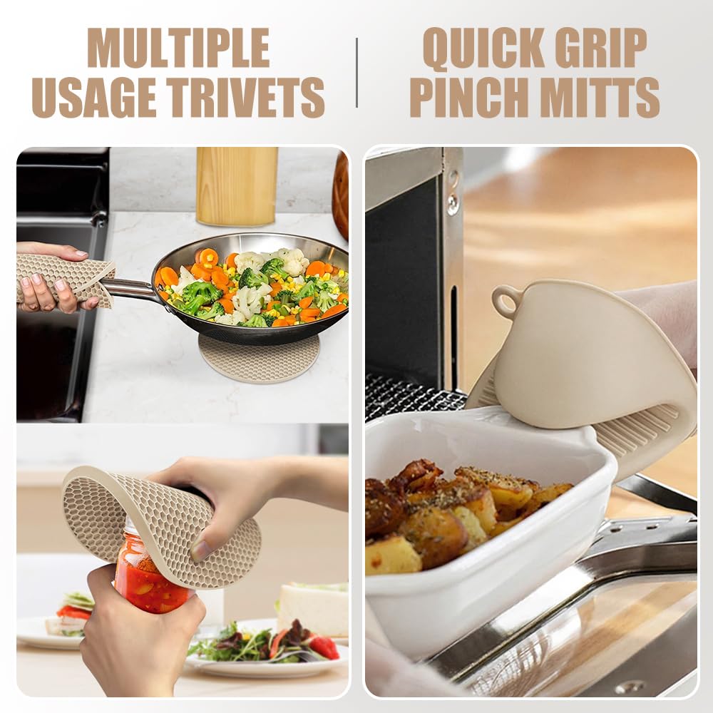 Rorecay Oven Mitts and Pot Holders Sets 6pcs, Extra Long Kitchen Silicone Oven Gloves High Heat Resistant 500 Degrees Non-Slip Potholders Hot Pads for Baking Cooking, Milkshake