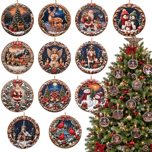 12 Pcs Wooden Snow Scenery Christmas Ornaments, 2.7 Inch Farmhouse Wood Hanging Decor (Mix/12 Pcs)