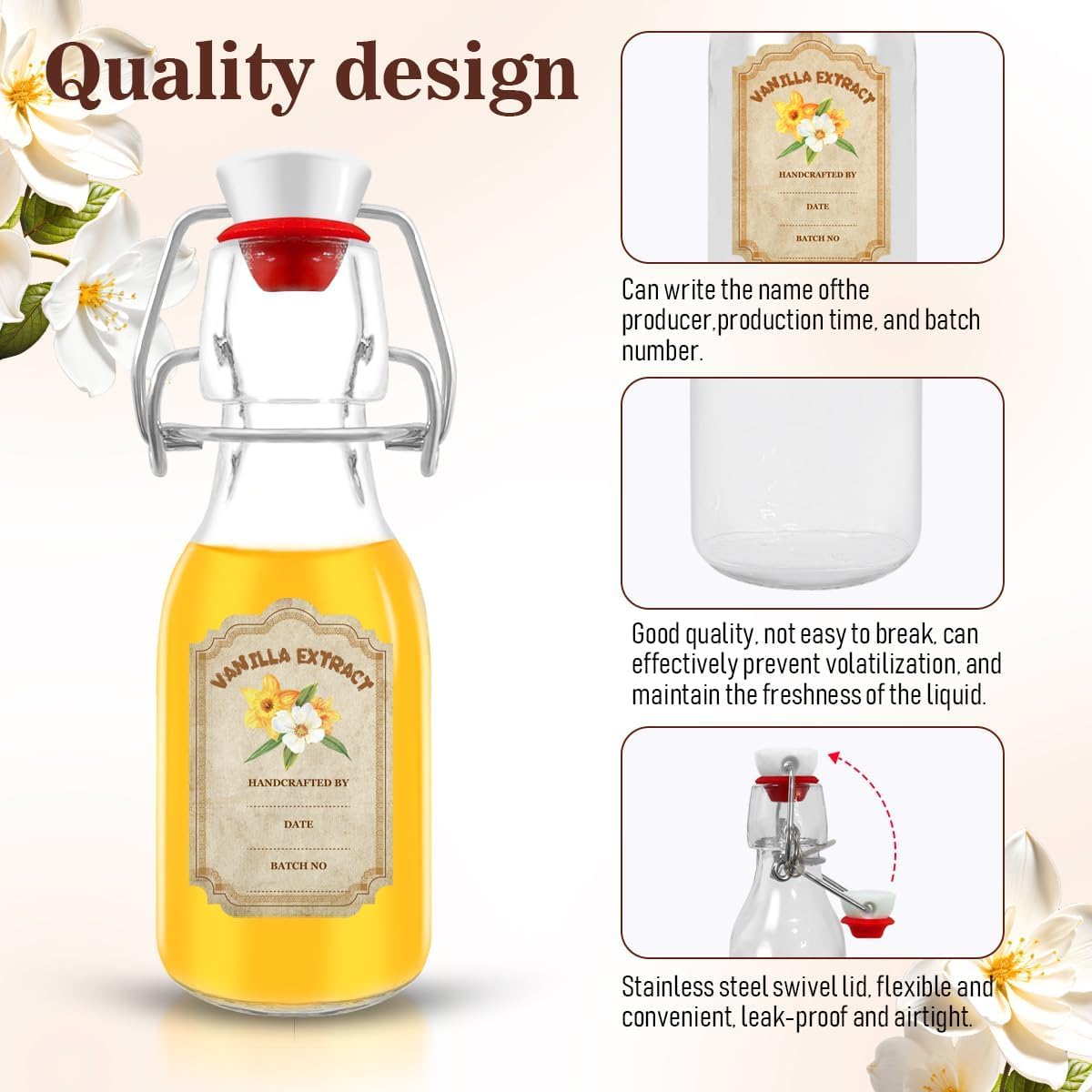 10 pack Vanilla Extract Bottles ，Flip Top vanilla bottles,10 pcs Vanilla Extract Stickers for homemade vanilla extract bottles Syrup Gift Glass Food Storage Canister Set (Transparent , 4oz-10pack)