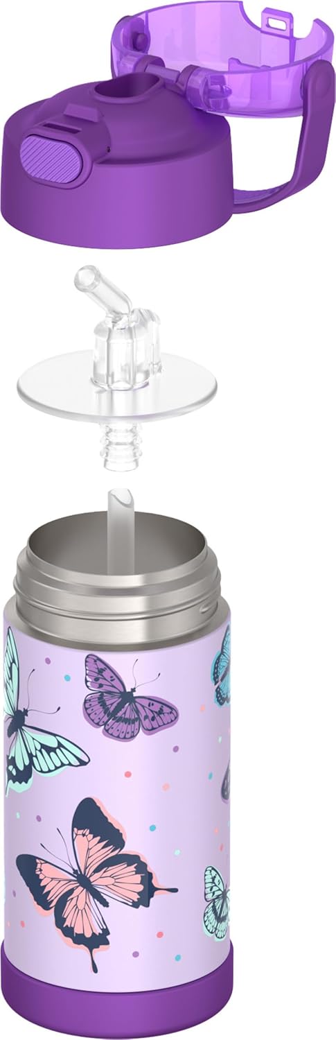 THERMOS FUNTAINER Water Bottle - 12 Ounce Stainless Steel Insulated Kids Bottle with Straw | Butterfly Frenzy Design