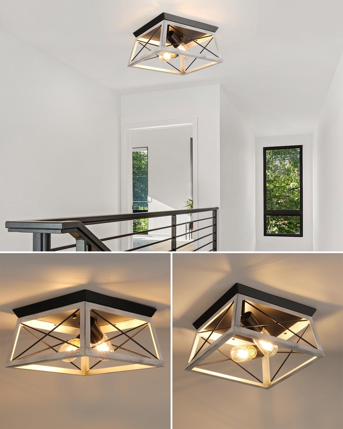 Farmhouse Flush Mount Ceiling Light Oak White Ceiling Light Fixtures 2-Light Industrial Vintage Metal-Framed Ceiling Lighting for Hallway Foyer Kitchen Dining Room Bedroom Living Room Laundry