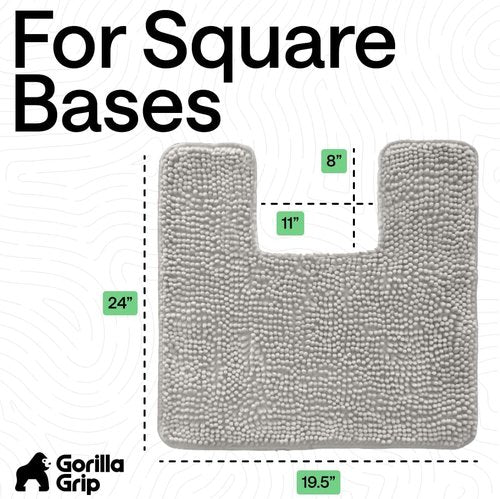 GORILLA GRIP Plush Chenille Bath Rug Mat - Soft Microfiber, Absorbent Design for Square Toilet Base - Light Gray