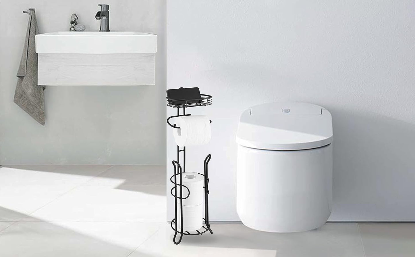 SunnyPoint Toilet Tissue Paper Holder Stand - Heavyweight Storage with Reserve for Mega Rolls | Black
