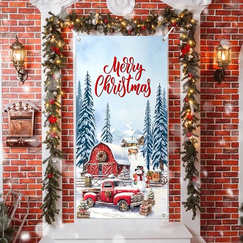 Fayoo White Snowmen Christmas Door Banner 35x70 inches with Rope - Holiday Decor
