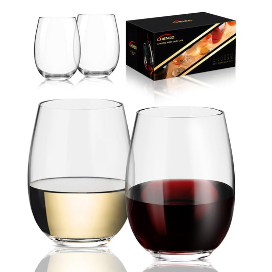 CHENGO Stemless Wine Glasses Set of 4 for Daily Use, 18oz Premium Stemless Red or White Wine Crystal Glass, No Stem Wine Glasses, Gifts for Wedding, Anniversary, Hosting, Birthday