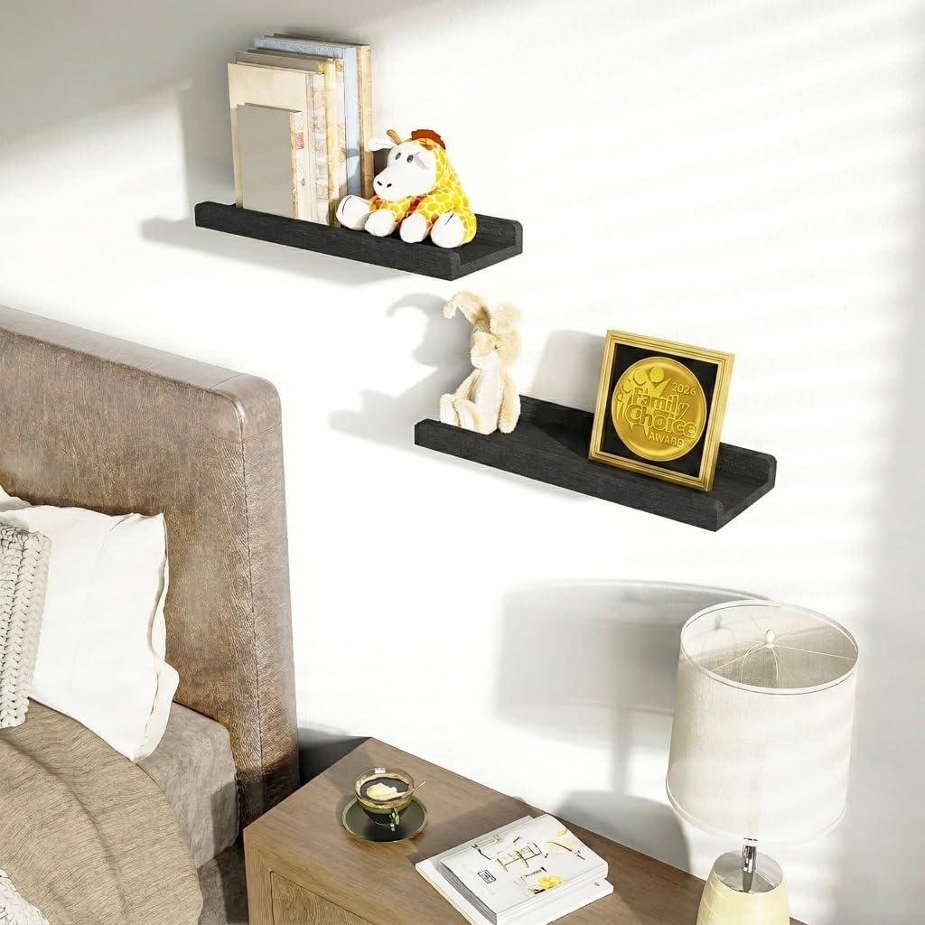 Love-KANKEI Floating Wall Shelves - Set of 2 Rustic 17-Inch Wood Shelves for Home Storage | Black