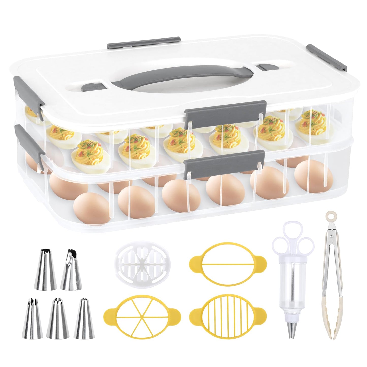 YESSWLQ 2-Layer Deviled Egg Containers with Lid, 36 Slots Refrigerator fridge organizers and storage egg cartons with Handle for Easter, with Slicer Kitchen Tongs Piping Decorating Kit
