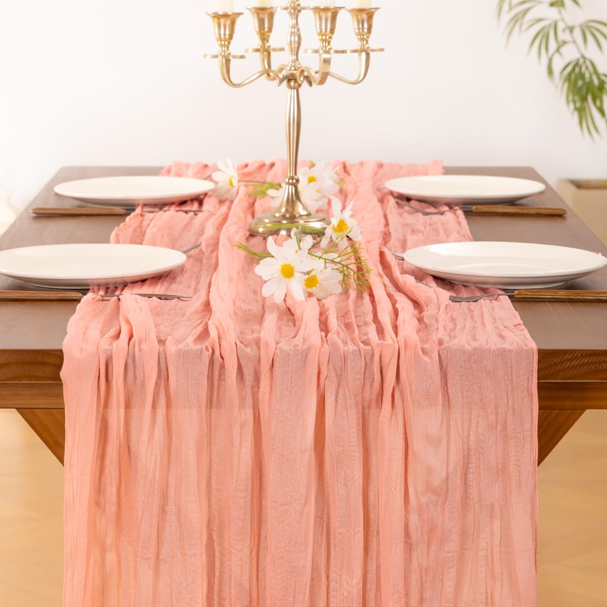 Socomi Coral Peach Summer Cheesecloth Table Runner Boho Rustic Gauze 120 inch 10FT Cheese Cloth Sheer Runner for Wedding Party Baby Shower Birthday Home Decor Holiday Decorations