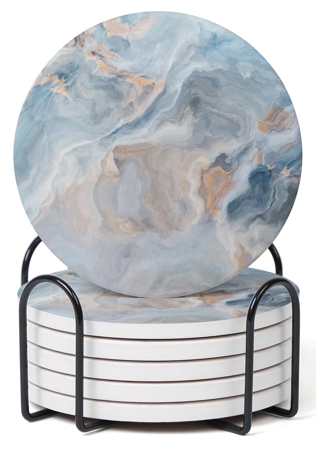Hoomey Set of 6 Abstract Blue Marble Coasters with Holder, Absorbent Ceramic Coasters for Drinks, Coasters with Cork Backing for Table Protection, Housewarming Gifts for New Home