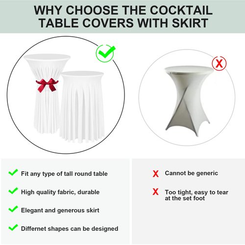 BDDC Cocktail Table Covers - 2 Pack 32"x 43" White Cocktail Table Tablecloth with Natural Wavy Round Skirt for Bar Wedding Party Banquet
