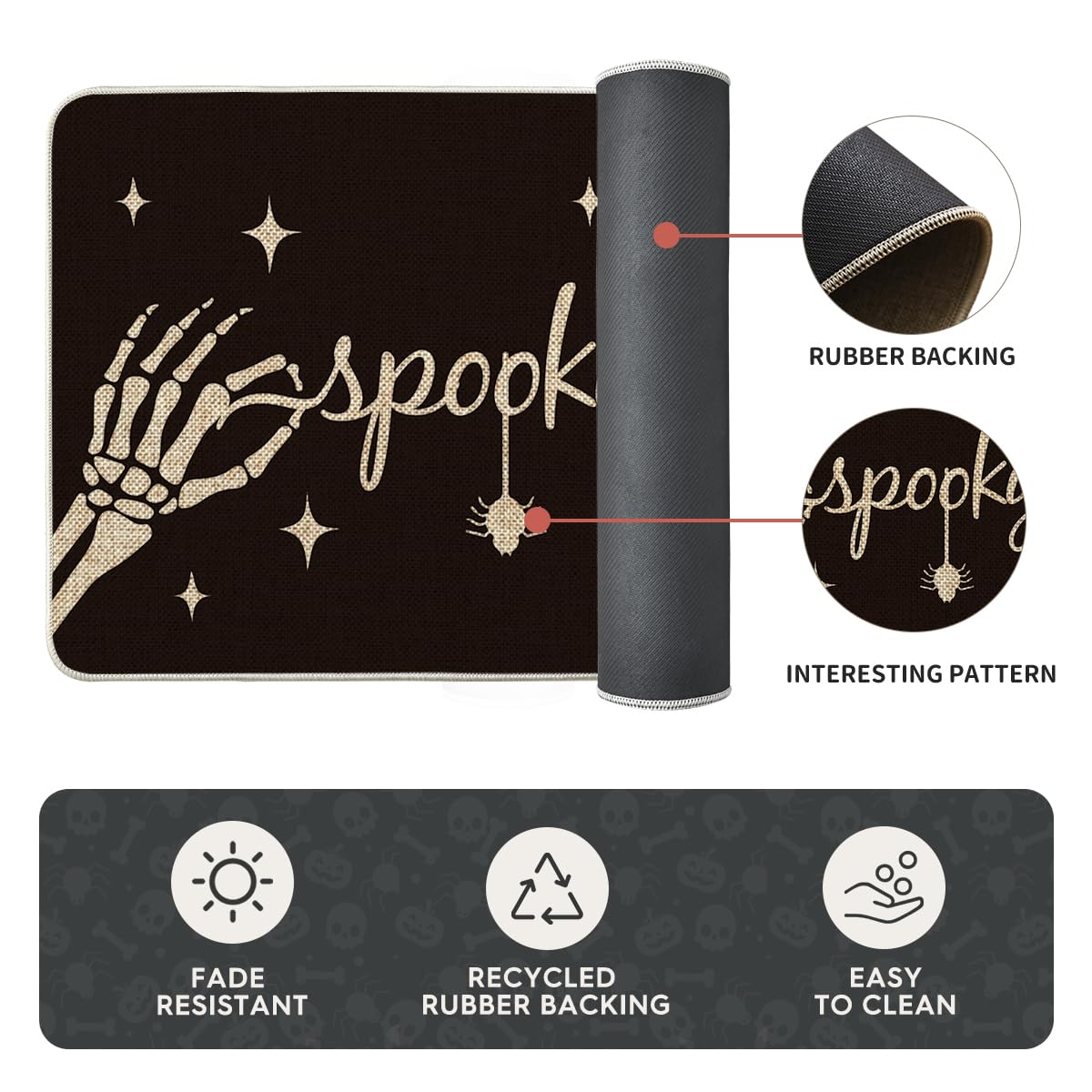 Artoid Mode Spooky Skeleton Spider Bone Black Halloween Kitchen Mats Set of 2, Black Home Decor Low-Profile Kitchen Rugs for Floor - 24x35 and 24x59 Inch