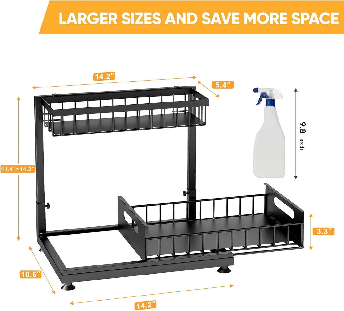 Saydear Under Sink Organizer - 2-Tier Premium Metal Pull-Out Storage with Sliding Drawer | Adjustable Height, Heavy Duty, Black (2 Pack)