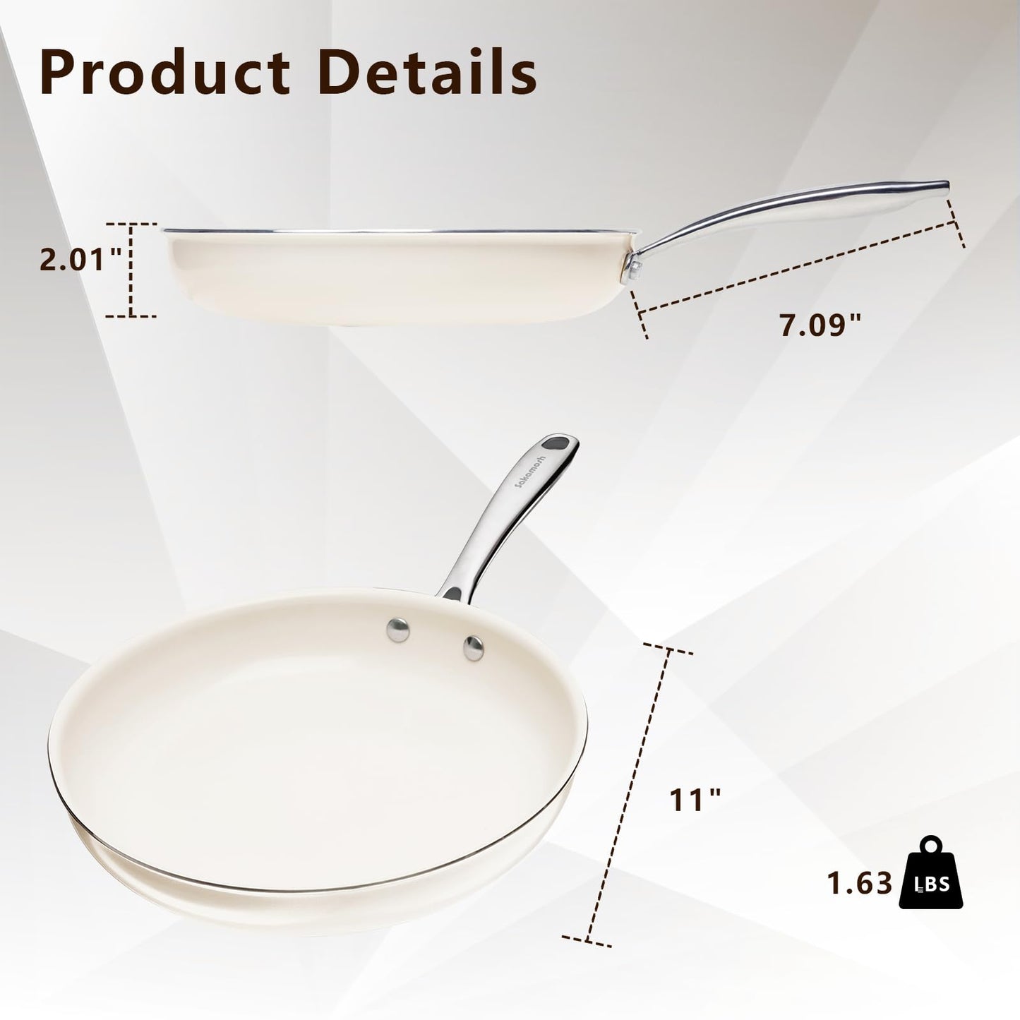 SAKAMOSH 11" Ceramic Frying Pan Nonstick, Skillet, Cooking Pan Non Toxic with Stay Cool Handle for Induction, Chef's Pan, PTFE & PFAS & PFOA Free, Dishwasher/Oven Safe, White
