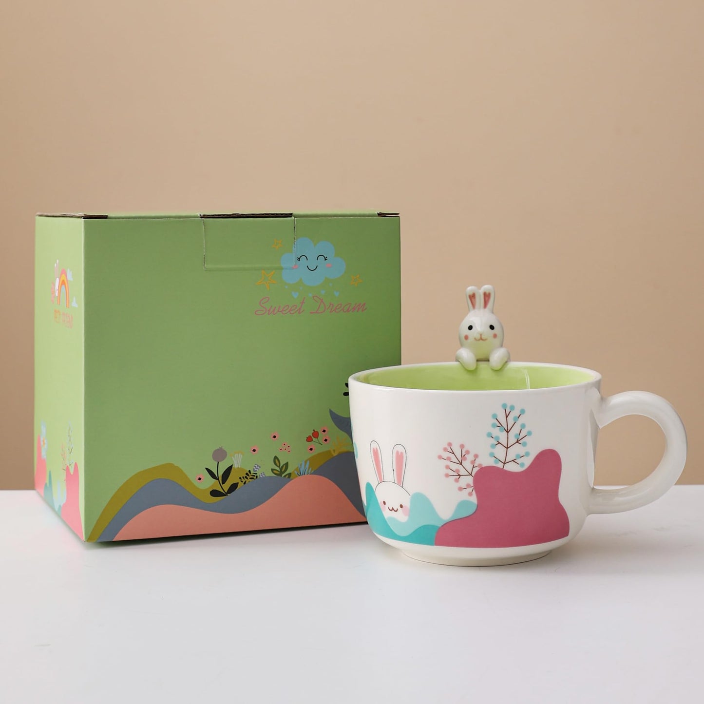 lpylxingyan 10oz Cute 3D Animal Coffee Mugs: Funny Handmade Ceramics Cups with Rabbit, Cow, Sloth, Fox, Lion for Kids Gift. (rabbit for easter day)
