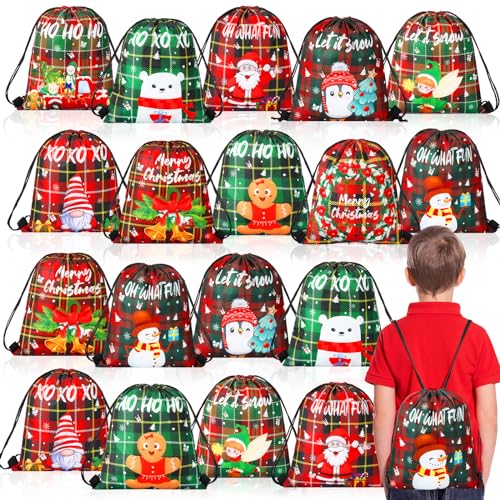 Aliceset 50 Pcs Christmas Drawstring Gift Bags Buffalo Plaid - 9.84x11.81in Stocking Snack Wrapping Sacks