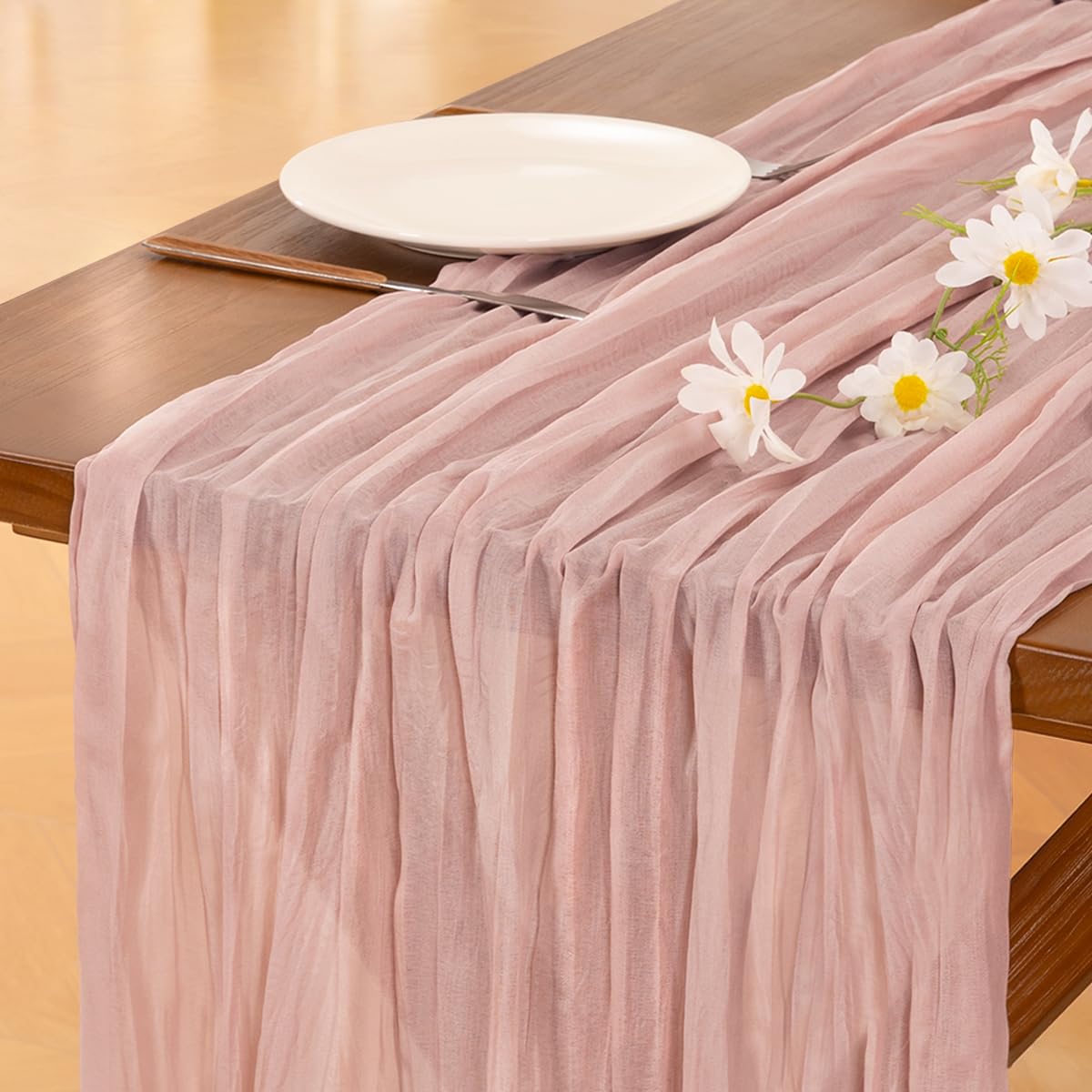Socomi10pcs Pink Cheesecloth Table Runner Boho Rustic Gauze Dusty Pink Summer 120 inch 10FT Cheese Cloth Sheer Runner for Wedding Party Baby Shower Birthday Home Decor Holiday Decorations