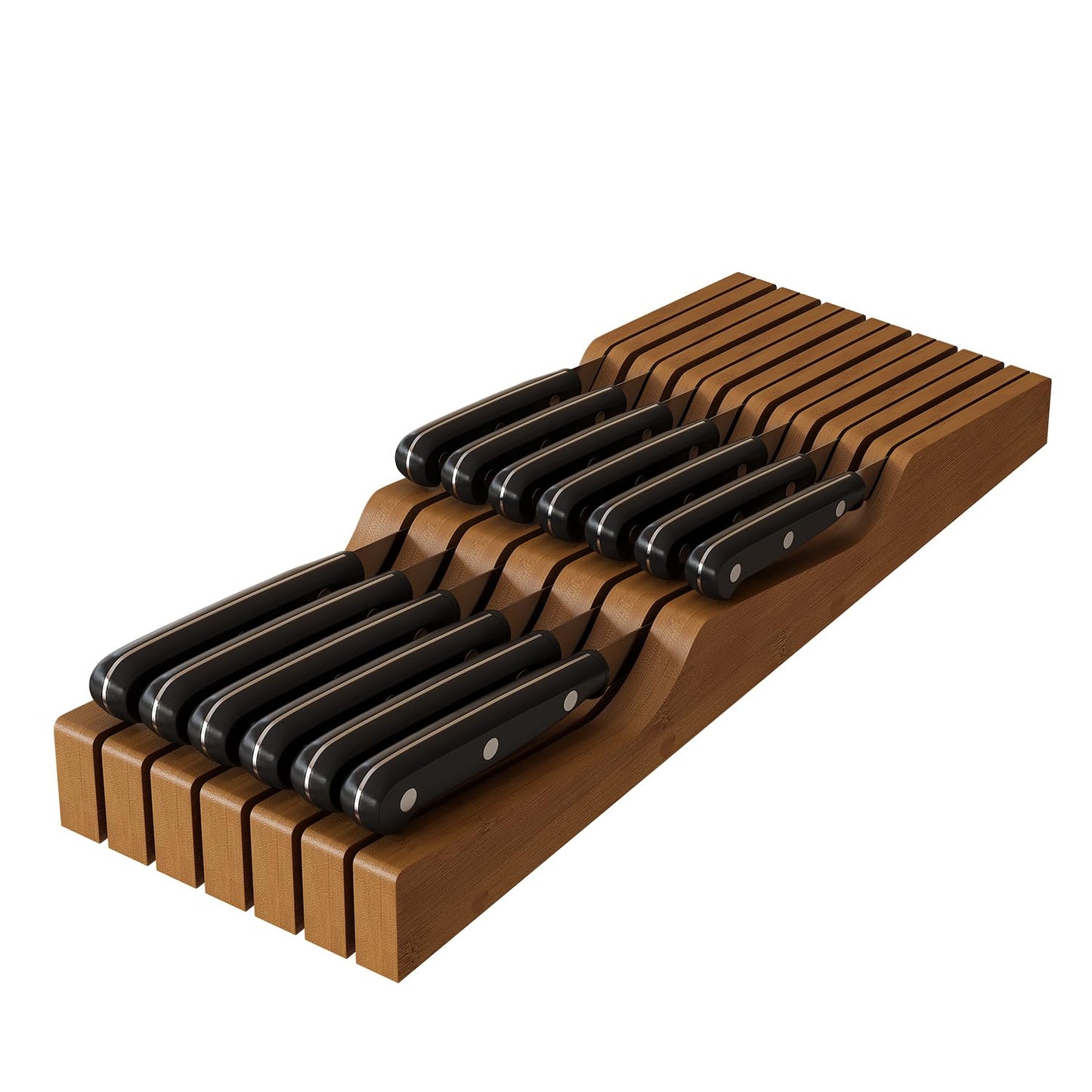 In-Drawer Knife Block Organizer - Bamboo Wood Drawer Knife Organizer-Protecting Knife Organizer Block (Not Included) (Brown, 13 Knives Dock)