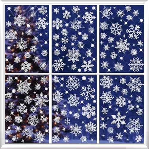 207 PCS Christmas Window Clings, Glitter Snowflake Window Clings, Christmas Window Stickers for Glass Windows, Double Sided Reusable Static Winter Clings for Christmas Window Decorations(9 Sheets)