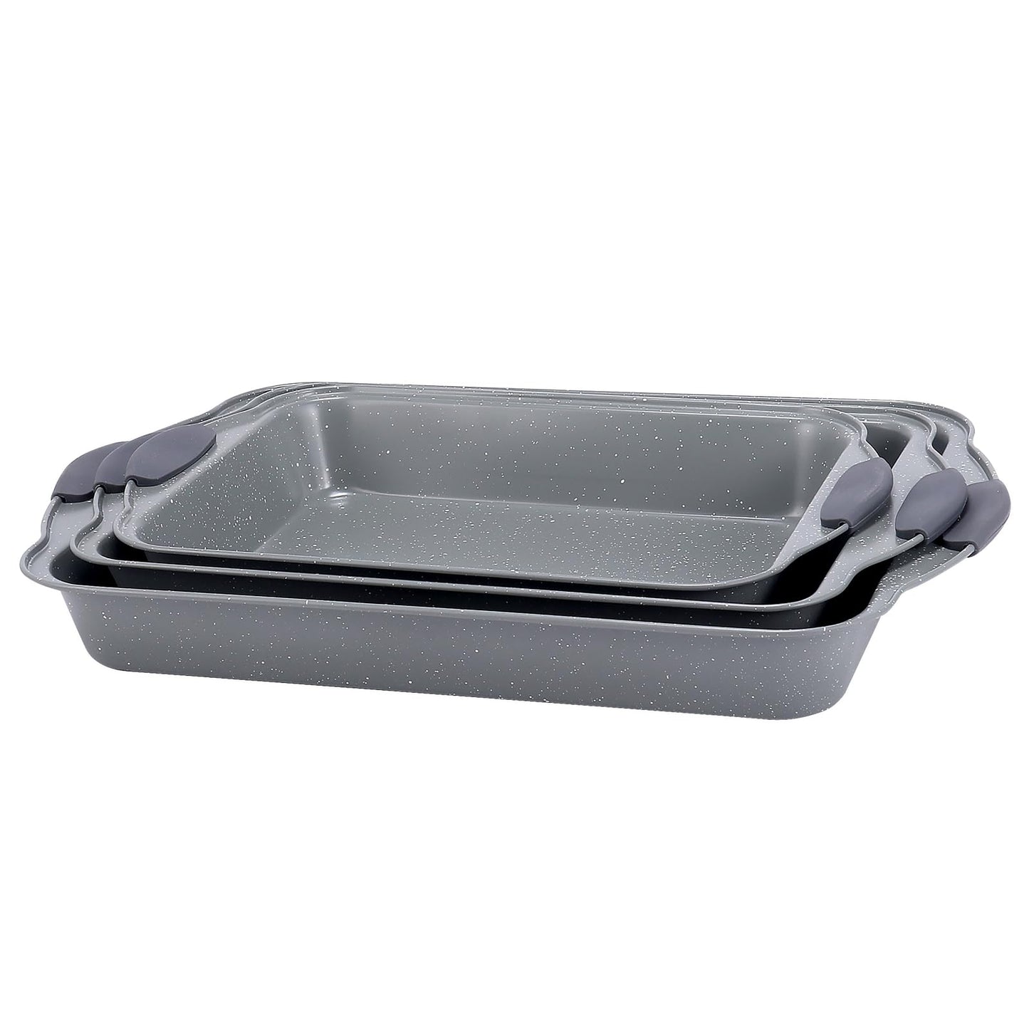 Anveena 3-Piece Nonstick Kitchen Oven Baking Pans - Premium & Stylish Non-Stick Steel, Commercial Grade Restaurant Quality Metal Bakeware with Red Silicone Handles - Easy to Clean gray