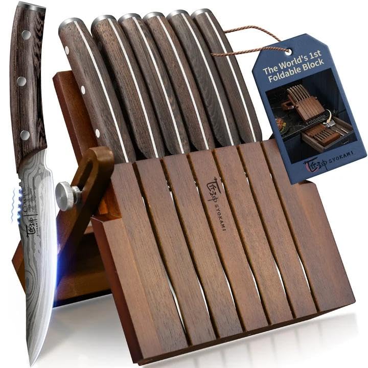 SYOKAMI 2026 Upgrade Foldable Steak Knife Set of 6 with Acacia Wood Block