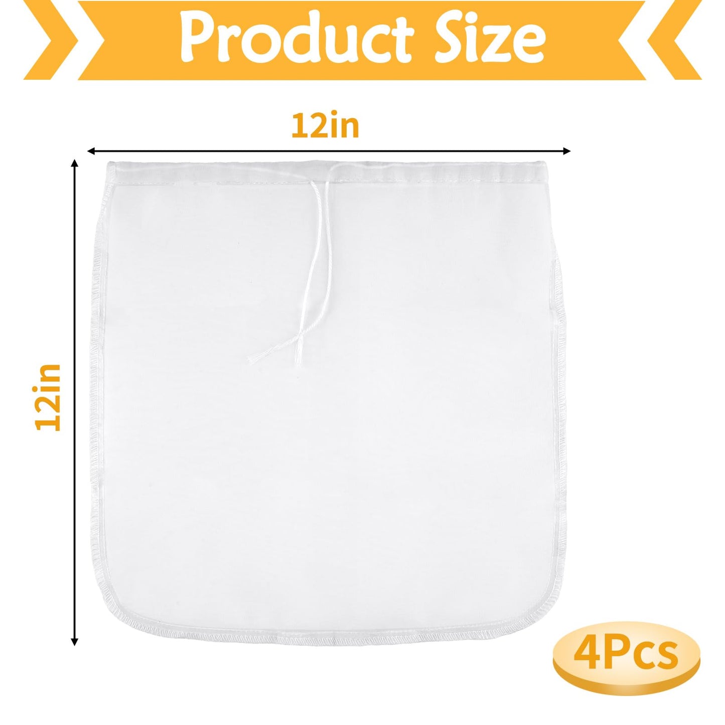 XL 4 Pcs Food Grade Nut Milk Bag Reusable, Grade 100, 12" x 12" Nut Bag Strainer, Fine Mesh Nylon Cheese Cloth Bags for Straining Oat Almond Milk, Greek Yogurt, Juice, Cold Brew Coffee, Beer Tea