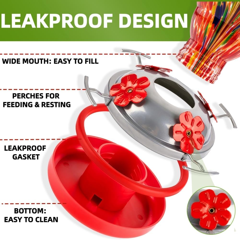 WOSIBO Hummingbird Feeder - Large 32 Ounce Colorful Hand Blown Glass with Ant Moat & Accessories | Red Firework