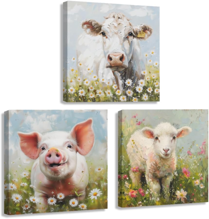 ZXHYWYM Flower Farm Animal Wall Art - Cute Lamb, Pig & Cow Canvas Prints for Kid's Room | 3-Piece Set (12"x12")