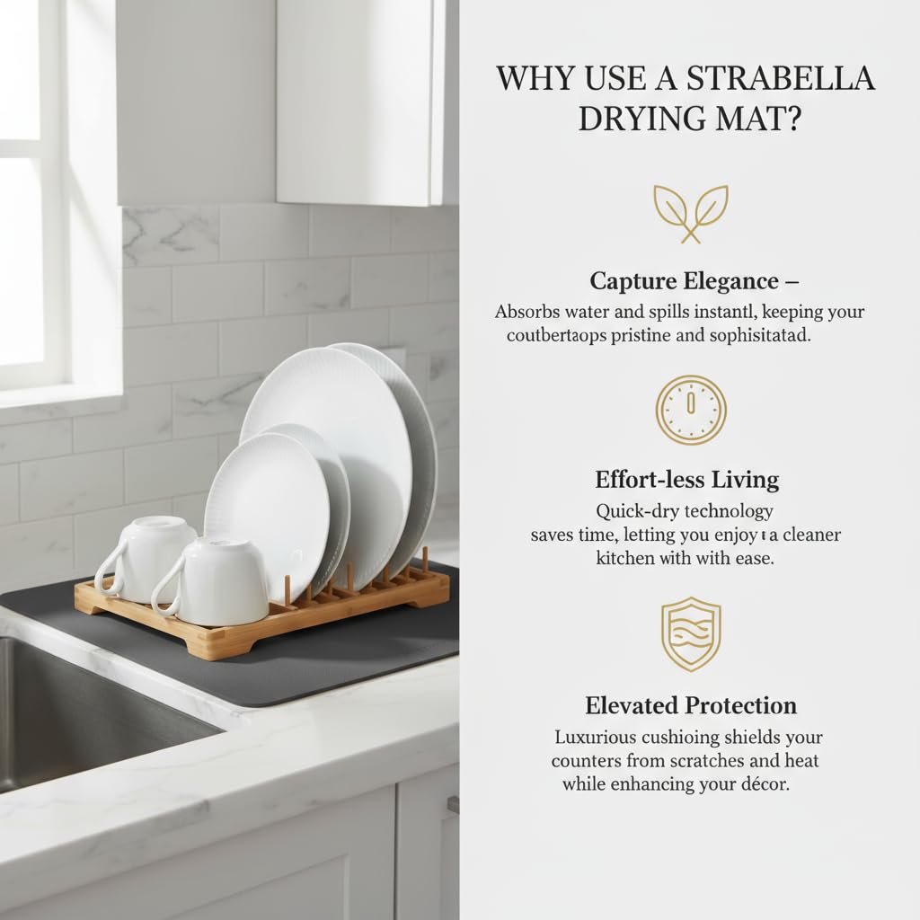 STRABELLA Dish Drying Mat Super Absorbent – 16" x 12" Coffee Mat for Countertops – Non-Slip Drying Mat for Kitchen Counter – Easy to Clean Water Absorbent Mat – Quick Dry Dish Drying Mats (Dark Gray)