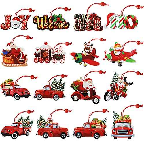 Queekay 16 Pieces Wooden Red Truck Ornaments, Vintage Christmas Tree Decorations, Xmas Hanging Pickup Truck Ornament, Rustic Farmhouse Crafts for Holiday Party Home Favors