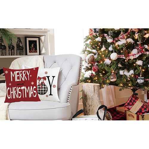 Merry Christmas Red Throw Pillow Covers 18 x 18 Inch Set of 4 Christmas Joy Xmas Trees Winter Holiday Cushion Case for Sofa Couch Home Decor
