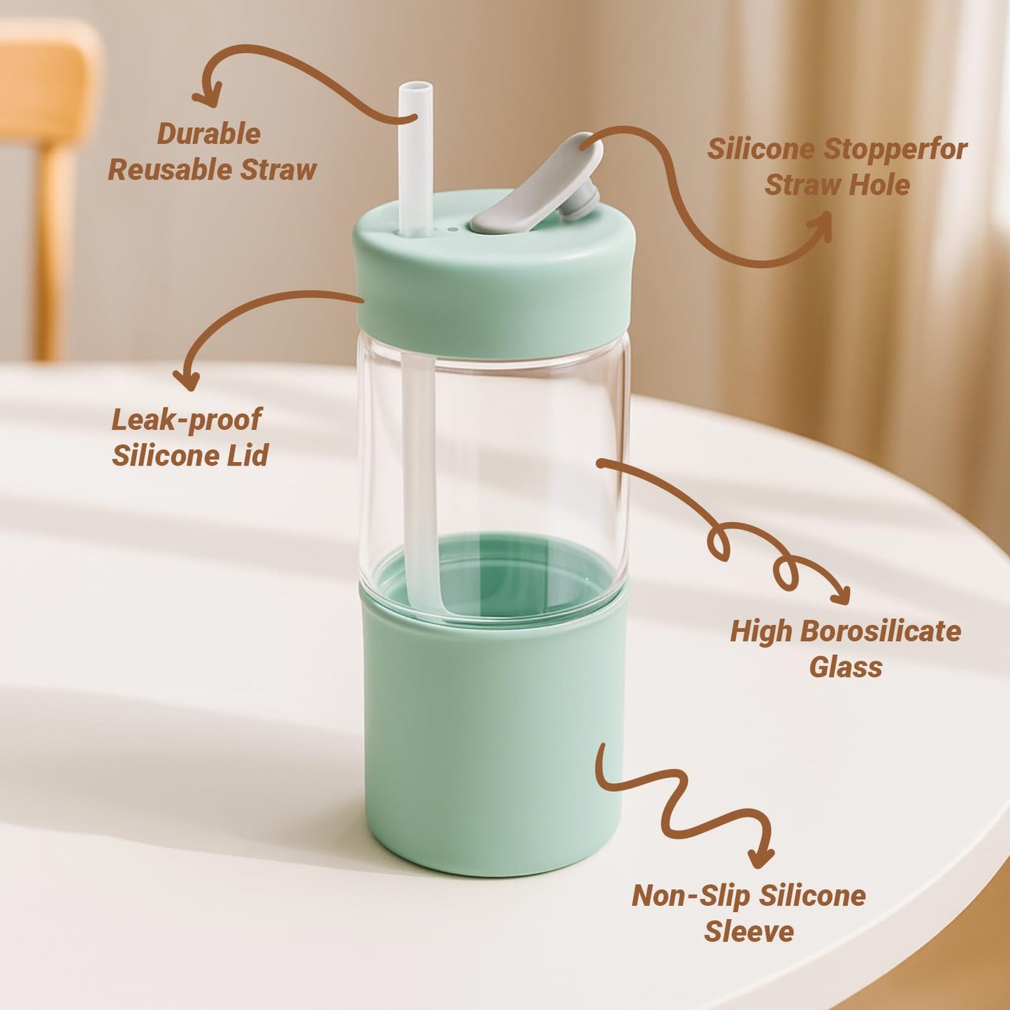 Zenbo 20 oz Glass Tumbler with Silicone Lid & Straw, Reusable Borosilicate Glass Iced Coffee Cup with Silicone Sleeve, Leak-Proof BPA-Free Glass Cup for Smoothies, Juice, Home, Office & Travel