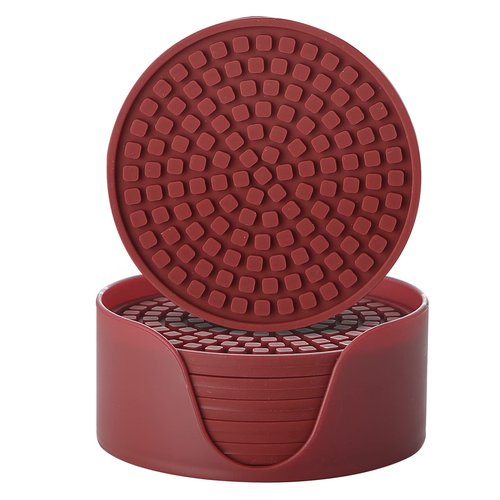 Colinda Silicone Drink Coasters with Holder, Set of 6, Outdoor Cup Mat for Hot or Cold Drinks, Thickened, Non-Slip,Non-Stick, Merlot Red