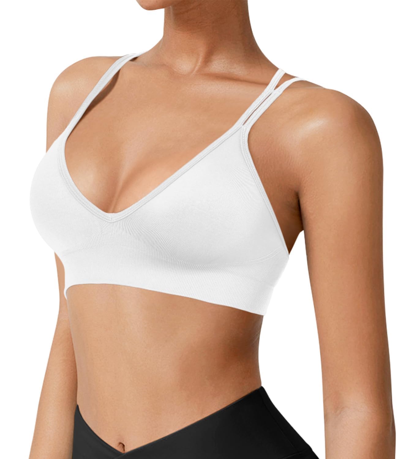 VEQING 3 Pack Women's Seamless Sports Bra - Deep V Neck Wirefree Yoga Bras with Removable Pads, Crisscross Strappy Back Comfortable Low Impact Workout Bralette for Small Chests, Daily Wear