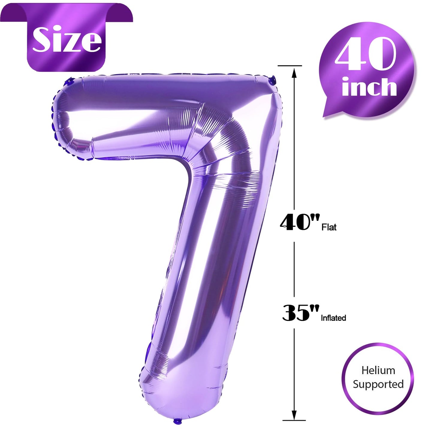 Purple Number 7 Balloon 40 Inch, 7th Birthday Party Decorations for Children, Giant 7 Foil Balloon for Party Supplies