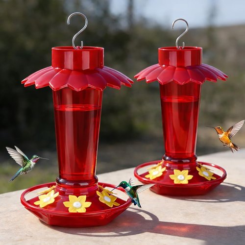 Fchstaer Hummingbird Feeders - 10 Oz Red Outdoor Hanging Feeders with 6 Ports & Ant Moat | 2 Pack