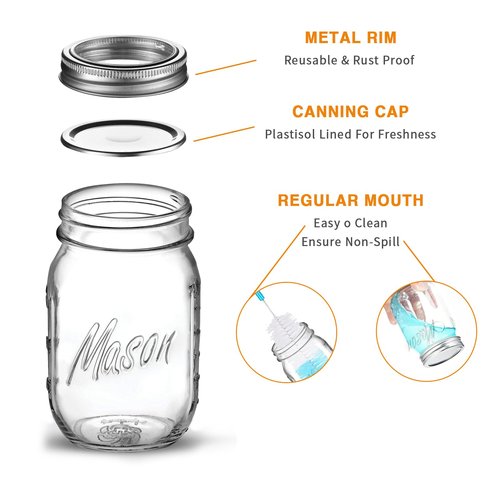 ELAORY Classic 16 Oz Mason Jars, 6 Pack Canning Jars, Regular Mouth, Airtight & Leak Proof, Dishwasher Safe, Microwave & Freezer Safe, 3.2 x 4.5 x 5.5 inches